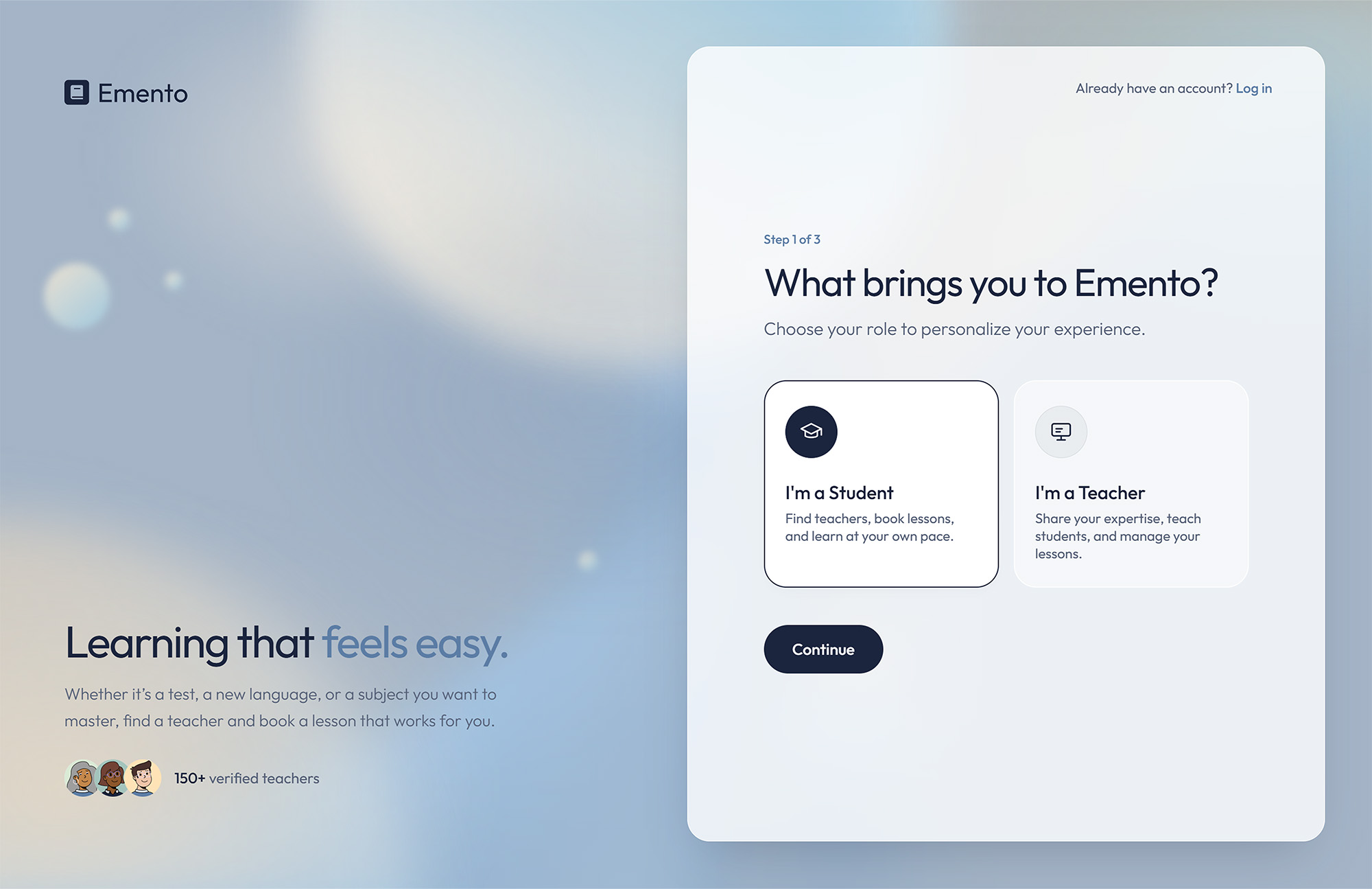 Emento — product onboarding screen