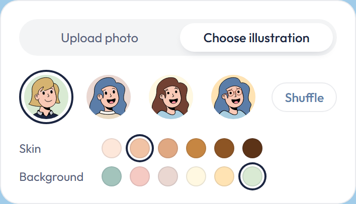 Avatar picker with illustrations, skin tones and background colors