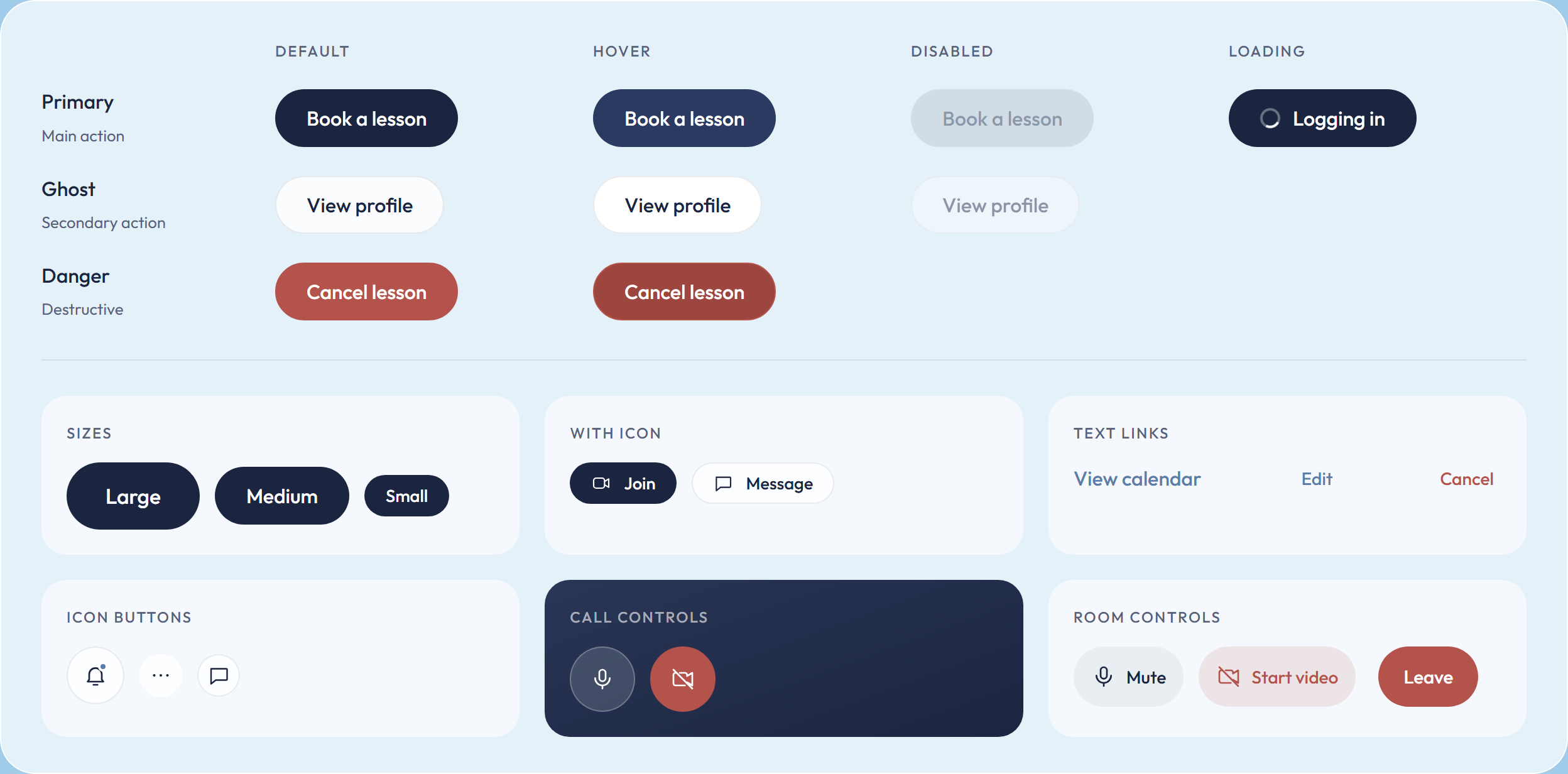 Primary, ghost and danger buttons in default, hover, disabled and loading states, plus sizes, icon buttons and call controls