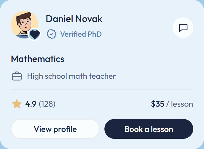 Teacher card with verification, rating, price and actions