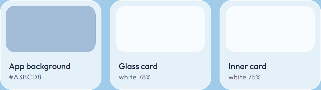 Surface colors: app background, glass card, inner card