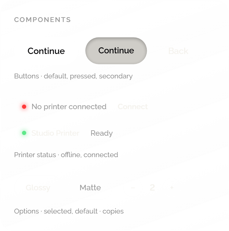 Components: buttons in default, pressed and secondary states; printer status offline and connected; option chips and a copies stepper