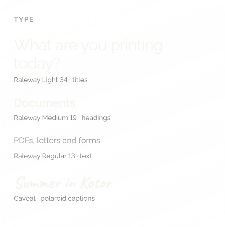 Type: Raleway Light 34 for titles, Raleway Medium 19 for headings, Raleway Regular 13 for text, Caveat for polaroid captions