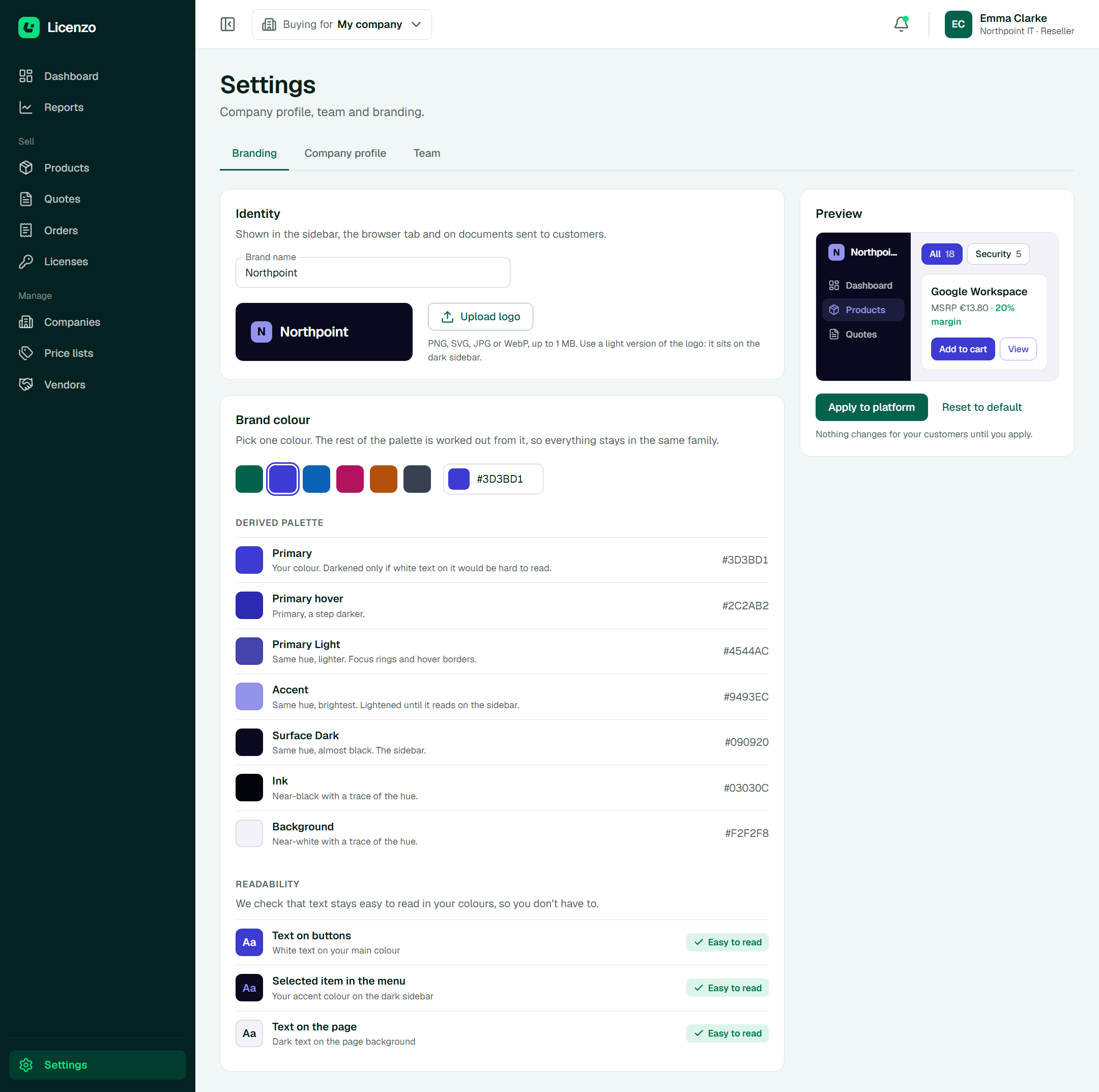 Settings: branding