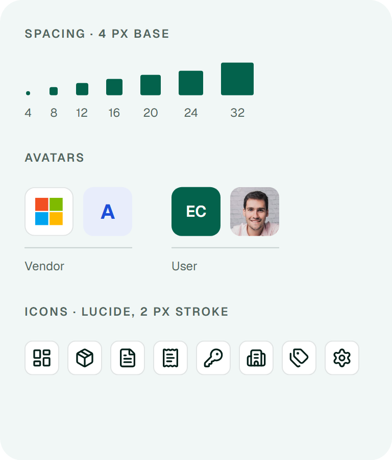 Spacing on a 4 px base, from 4 to 32. Avatars: a vendor's logo or lettermark, a user's initials or photo. Icons: Lucide, 2 px stroke.