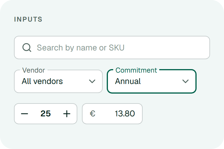 Inputs: search field, select in default and focused states, quantity stepper and price field.