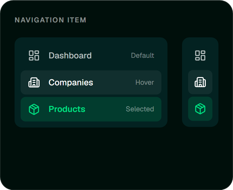Navigation item on the dark sidebar: default, hover and selected, in the full sidebar and in the collapsed rail.