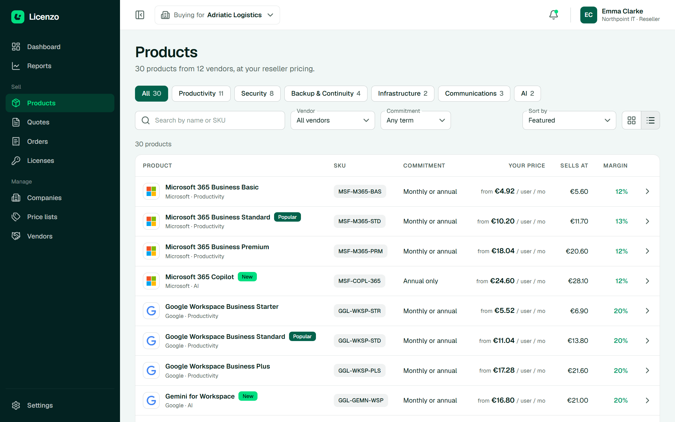 Catalog: list view